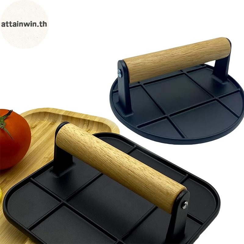 Attainwin Premium Cast Iron Burger Press, Meat Press, Sandwich Pres, Wood Handle, สําหรับย่างแซนวิชแ