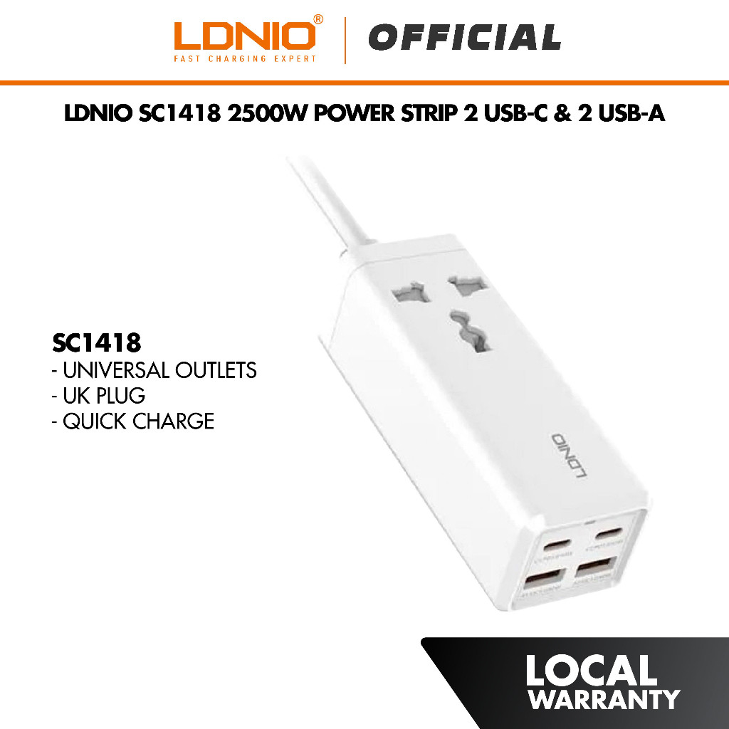LDNIO SC1418 2500W Power Strip 2 USB-C & 2 USB-A 65W High Power Universal Travel USB Power Socket