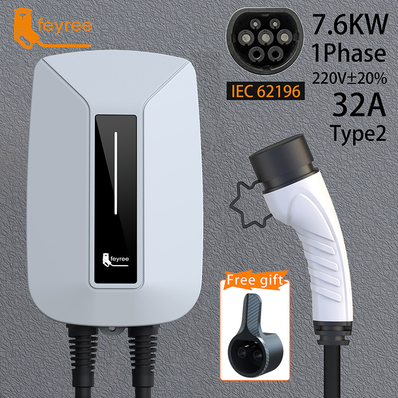 Feyree EV Charger Type2 ปลั๊ก EVSE Wallbox 32A 7KW IEC62196-2 ซ็อกเก็ต 1 เฟส 5 M สาย Wallmount สถานี