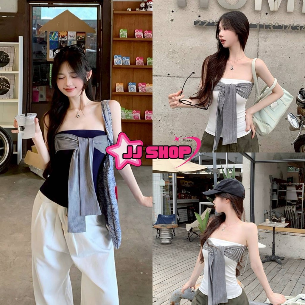 JJ shop💜 พร้อมส่ง เสื้อเกาะอกเสริมฟองน้ำ ผ้านุ่มนิ่ม สีพื้น ดีเทลแต้งโบว์ลายทาง "FY5561"