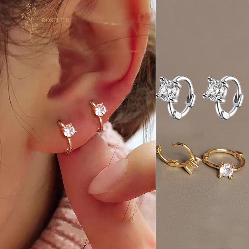 ต่างหูห่วงคริสตัลเคลือบเงิน 18K จากเกาหลี เหมาะสำหรับสวมใส่ทุกวัน