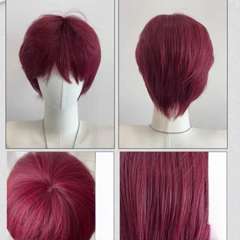 ไวน์สีแดงผู้ชายวิกผมสังเคราะห์คอสเพลย์พรรคพรหมวิกผมสั้นผมผู้ชายหมวกรีทัชวิกผมธรรมชาติทนความร้อนธรรมชาติคอสเพลย์วิกผมสําหรับผู้หญิงผู้ชายฮาโลวีนพรรคสว - รูปที่ 5