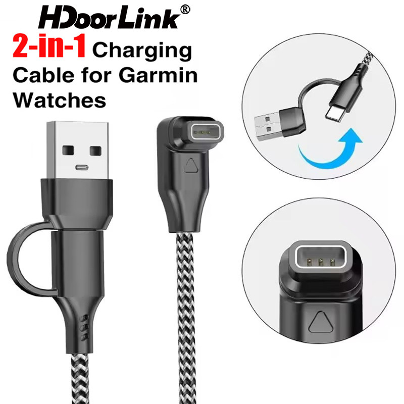 HdoorLink 2in1 Type C/USB Fast สายชาร์จสําหรับ Garmin Fenix E 7/7S/7X/7 Pro/7X Pro/7S Pro 1M Charger คุณภาพสูงตรง/หัวข้อศอก
