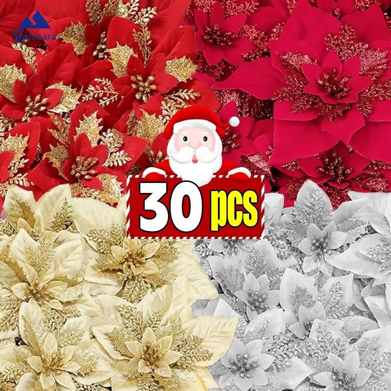 Festive Glitter Christmas Decor Bundle - 5/10/20/30 PCS ดอกไม้ประดิษฐ์สําหรับต้นไม้/โต๊ะ/เครื่องประดับแขวนผนัง