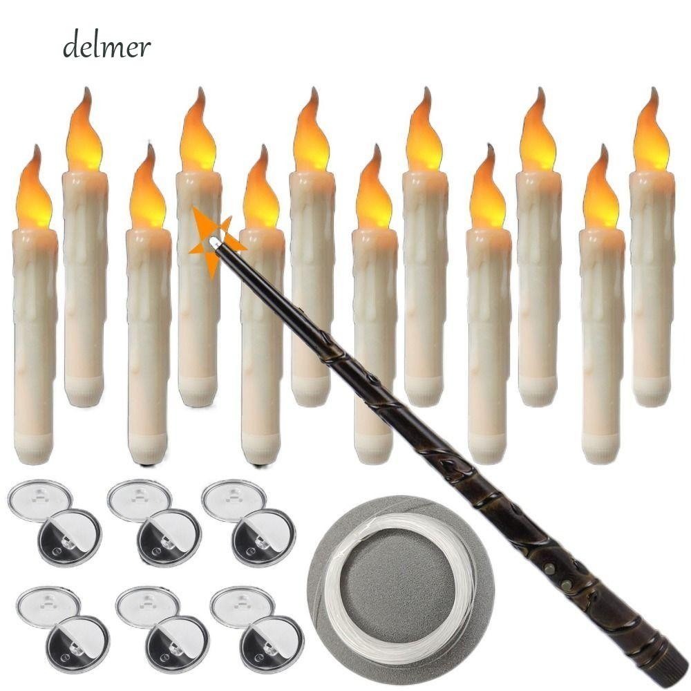 DELMER เทียนริบหรี่แสง,ไร้สายพร้อมไม้กายสิทธิ์ LED เทียนลอยแสง,พลาสติกสร้างสรรค์ฮาโลวีน Prop พร้อม Fishline Night Light สําหรับ Xmas