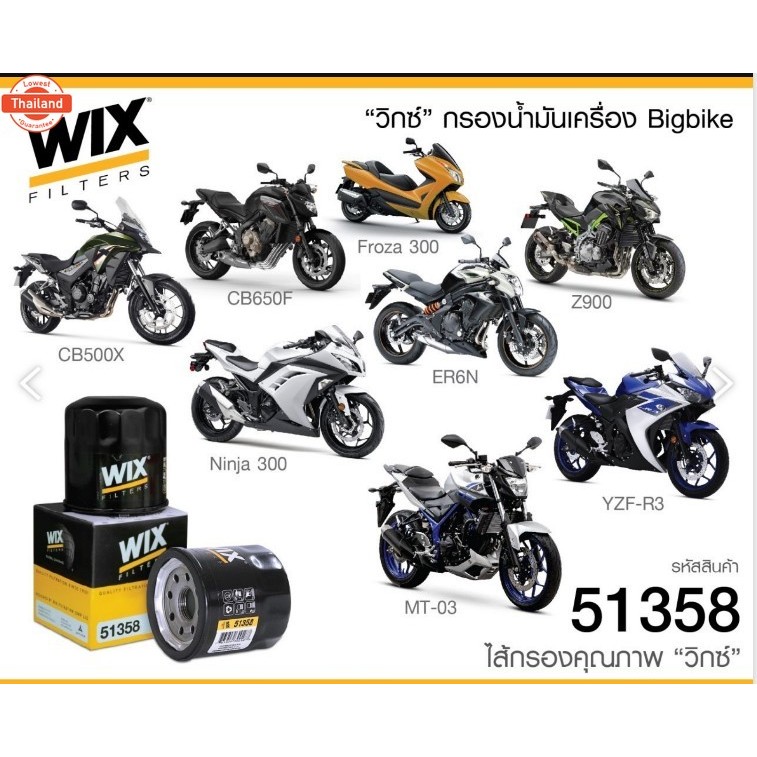 กรองน้ำมันเครื่อง WIX ิ๊กไค์ CB650F,CB500X,FORZA300,ER6N,NINJA300,MT03,R3,Triump Oil Filter ไส้กรองน