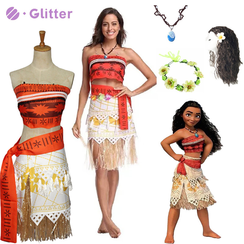 ภาพยนตร์ดิสนีย์โมอาน่าเครื่องแต่งกายสําหรับผู้ใหญ่ผู้หญิงฤดูร้อนเจ้าหญิงด้านบนกระโปรงสร้อยคอวิกผมสําหรับผู้หญิงฮาโลวีนเทศกาลพรรคชุ