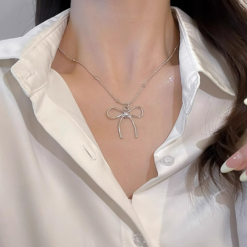 สาวหวาน Bowknot Dangle สร้อยคอเงิน Clavicle Chain