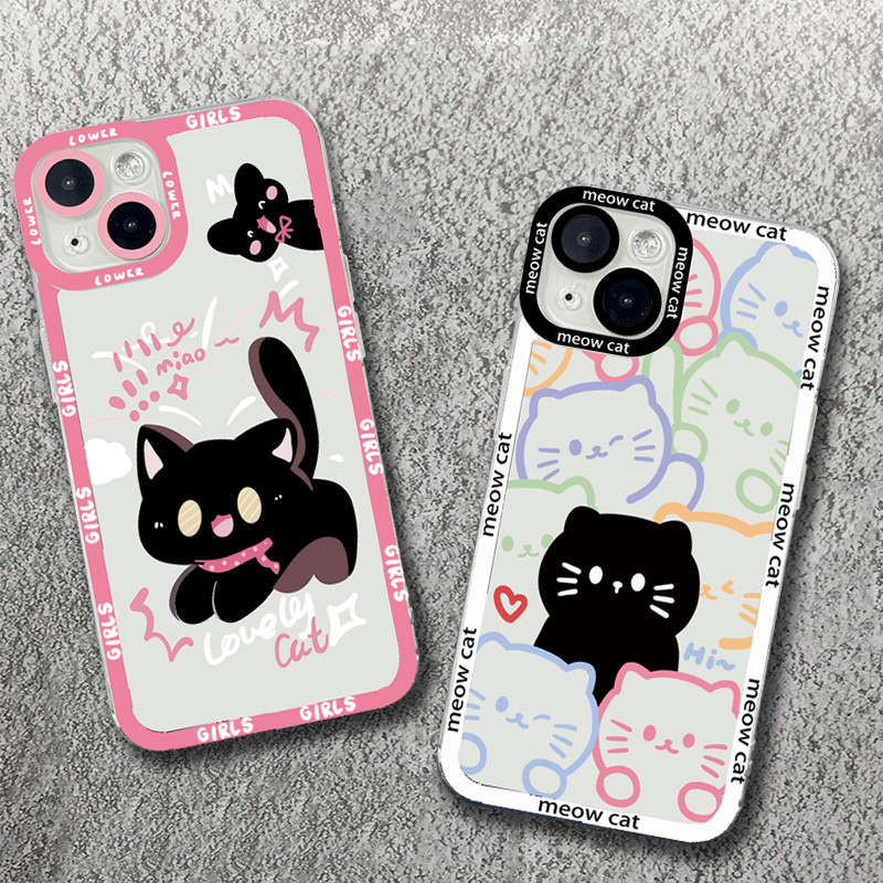 สําหรับxiaomi 14 13T 13 12T 11T 12 10T 10 Pro Mi 11 Lite 5G NE Poco X6 F5 X5 X4 X3 M6 F6 Pro F3 การ์ตูนน่ารักแมวเส้นที่มีสีสันG Graffiti Black Cat Clearซิลิโคนนุ่ม