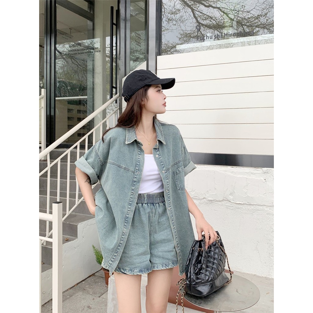 🔥ชุดเซ็ต 2 ชิ้น, เสื้อยีนส์+กางเกงขาสั้น, หลวม ย้อนยุค สำหรับผู้หญิง