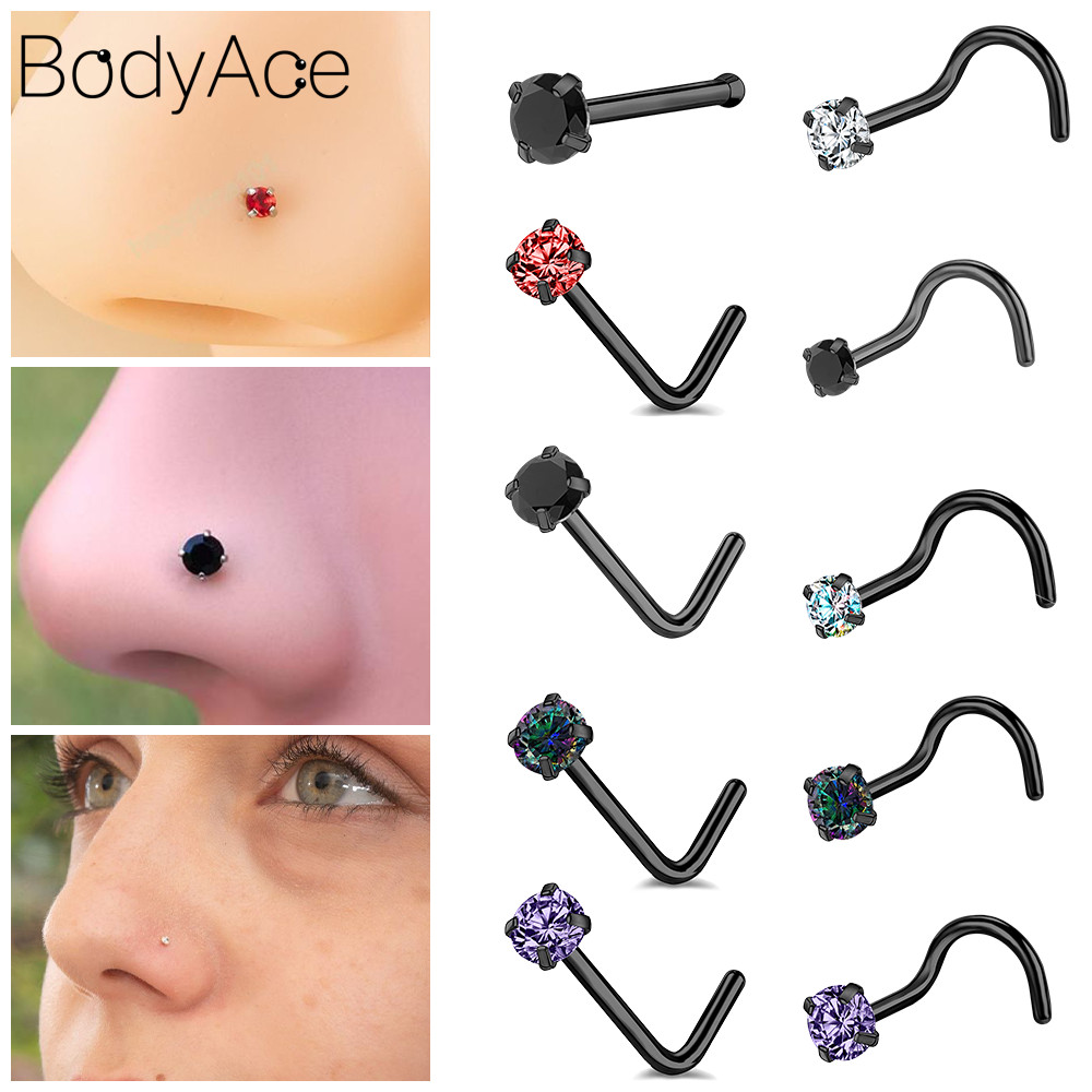 Bodyace 18G/20G คริสตัลสีสันสดใสจมูกสตั๊ด L รูปร่างเจาะจมูก S รูปร่างแหวนจมูกสแตนเลส Nostrail เจาะร่างกายเจาะเครื่องประดับ