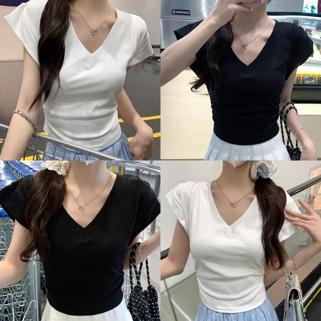 Luna Shop เสื้อยืดคอวี สไตล์อเมริกันสาวร้อนออกแบบจีบขนาดเล็กบินแขนสั้นด้านบน