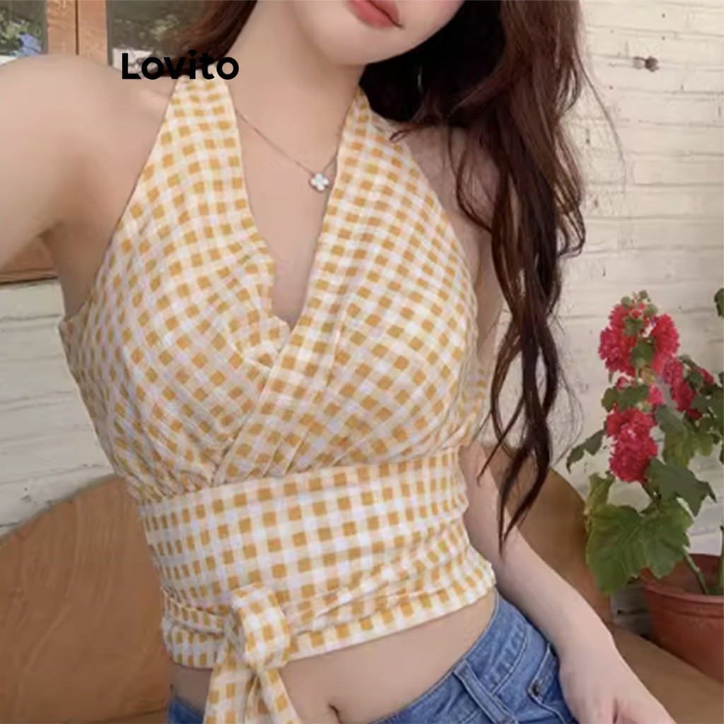 Lovito เสื้อแขนกุดผู้หญิง ลายสก๊อต ผูกเชือก ผูกหน้า สไตล์โบโฮ L91ED227
