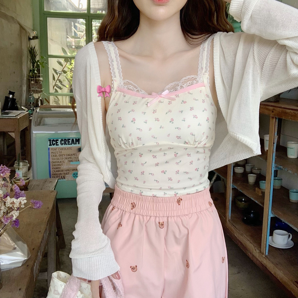 Soroh เสื้อกล้าม ลายดอกไม้ มีฟองน้ำ แต่งลูกไม้ แต่งโบว์ หลากสี ครอปกล้าม ใส่สบาย น่ารักมาก #FY2230