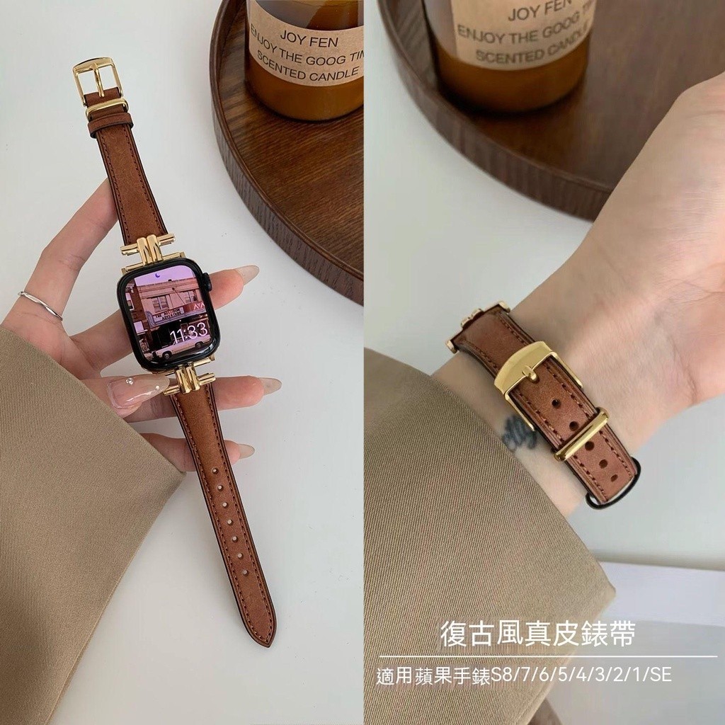 สายหนังแท้สไตล์ย้อนยุคเหมาะสําหรับ Apple Watch Applewatch S9 8 7 6 SE สายหนังแท้ iwatch เย็บโลหะสายร