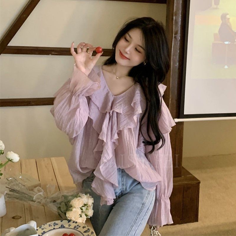 ส่งไวจากไทย🌈Lucy Shop🌈อ่อนโยนสีม่วงใบบัวเสื้ออารมณ์ด้านบนแขนยาวหลวมเกาหลีโบว์🌈(ส่ง 24 ชั่วโมง)🌈