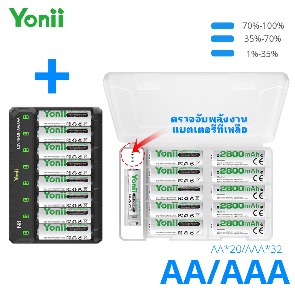 Yonii N8 เครื่องชาร์จแบตเตอรี่ LED + เคสเก็บแบตเตอรี่ S28 (ชุดรวม), 1.2V NI-MH AA/ AAA, กล่องเก็บไฟสีขาว,(AA*20 AAA*32))