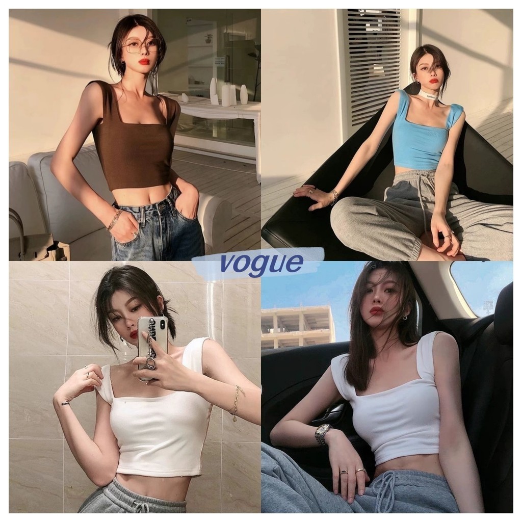 Vogue พร้อมส่ง เสื้อแขนกุดสายกว้าง เสื้อแขนกุดคอเหลี่ยม สะดือเปลือยสไตล์สั้น (FYZ1038)