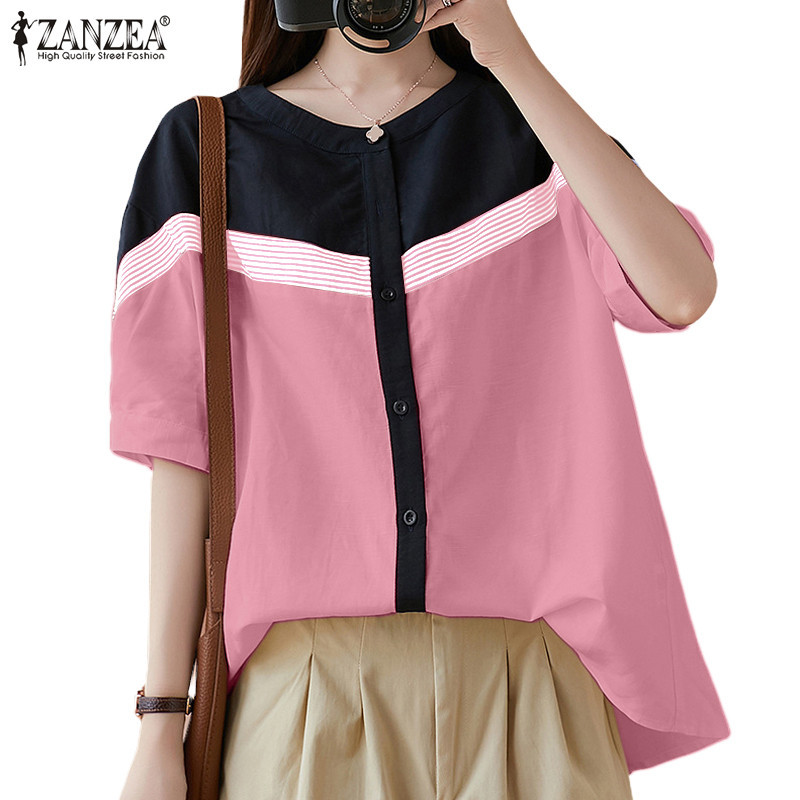 Zanzea เสื้อเชิ้ตแขนสั้นคอกลมแฟชั่นเกาหลีสําหรับผู้หญิง