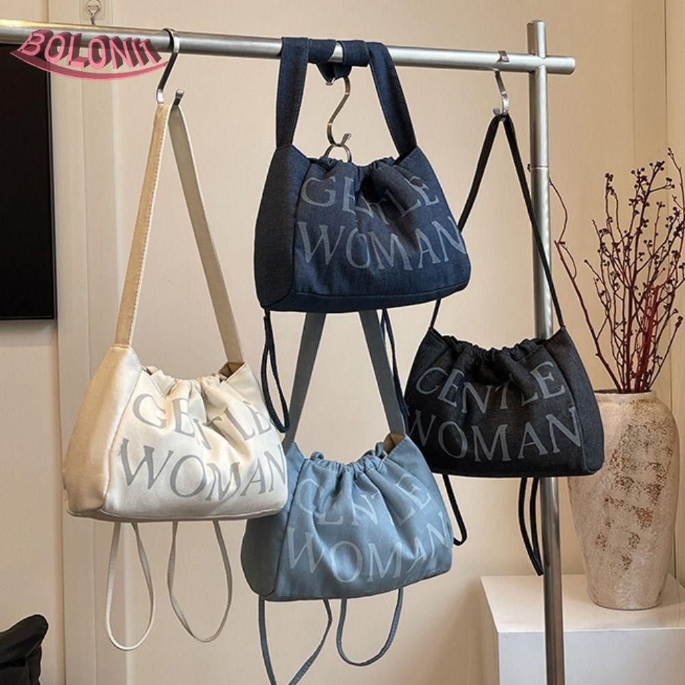 Bo Gentlewoman กระเป๋าผ้าใบ, กระเป๋าถือ Dumpling Bag กระเป๋าสะพาย Drawstring, กระเป๋าแฟชั่น Messenger Letter Tote Bag Nylon Oxford Crossbody Bag นักเรียน