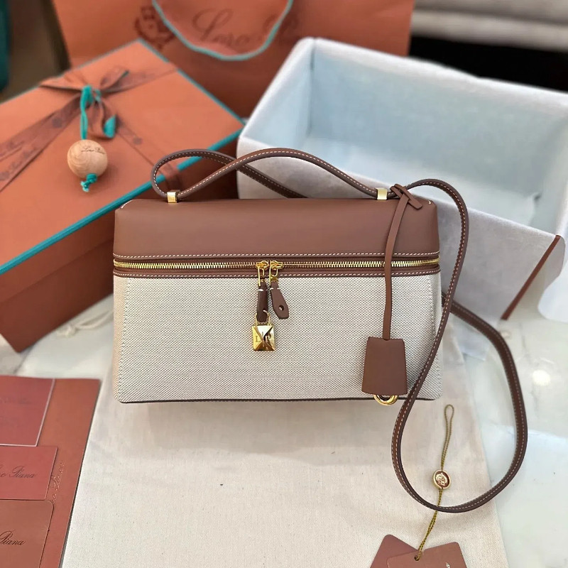 Lp กระเป๋าถือหนังแท้ผ้าลินินเย็บ Loro Piana กระเป๋าสะพายแฟชั่น