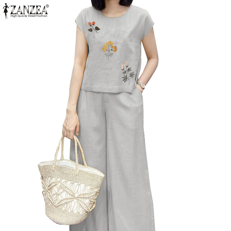 ZANZEA ใส่ ซานเซีย ผู้หญิงเกาหลีลําลองคอกลมแขนสั้นเย็บปักถักร้อยกระเป๋ากว้างขาท็อปส์กางเกง