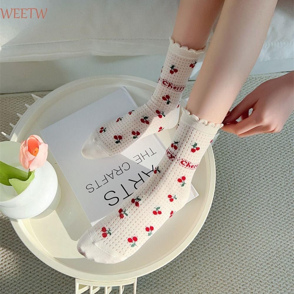 Weekw ถุงเท้าสั้นแฟชั่น Hollow Out Letter ตาข่ายข้อเท้า Ruffle Lolita JK Anti-slip ฤดูร้อน