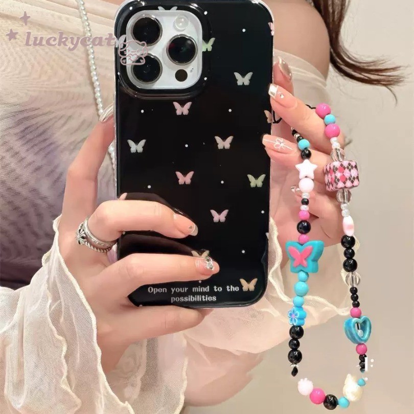Iphone 15 14 13 12 11 Pro Max X Xr Xs Max 7 8 Plus SE2020 เคสโทรศัพท์ Ins Candy Color Butterfly + Millennium สไตล์ Lanyard Soft Clear Cover