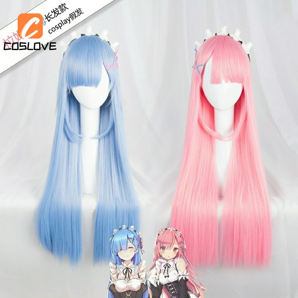 อะนิเมะ Re:Zero Rem Ram คอสเพลย์วิกผมชุดสําหรับผู้หญิงผมยาวตรงสีฟ้าสีชมพูวิกผมคอสเพลย์ Props ฟื้นฟูที่สมบูรณ์แบบ
