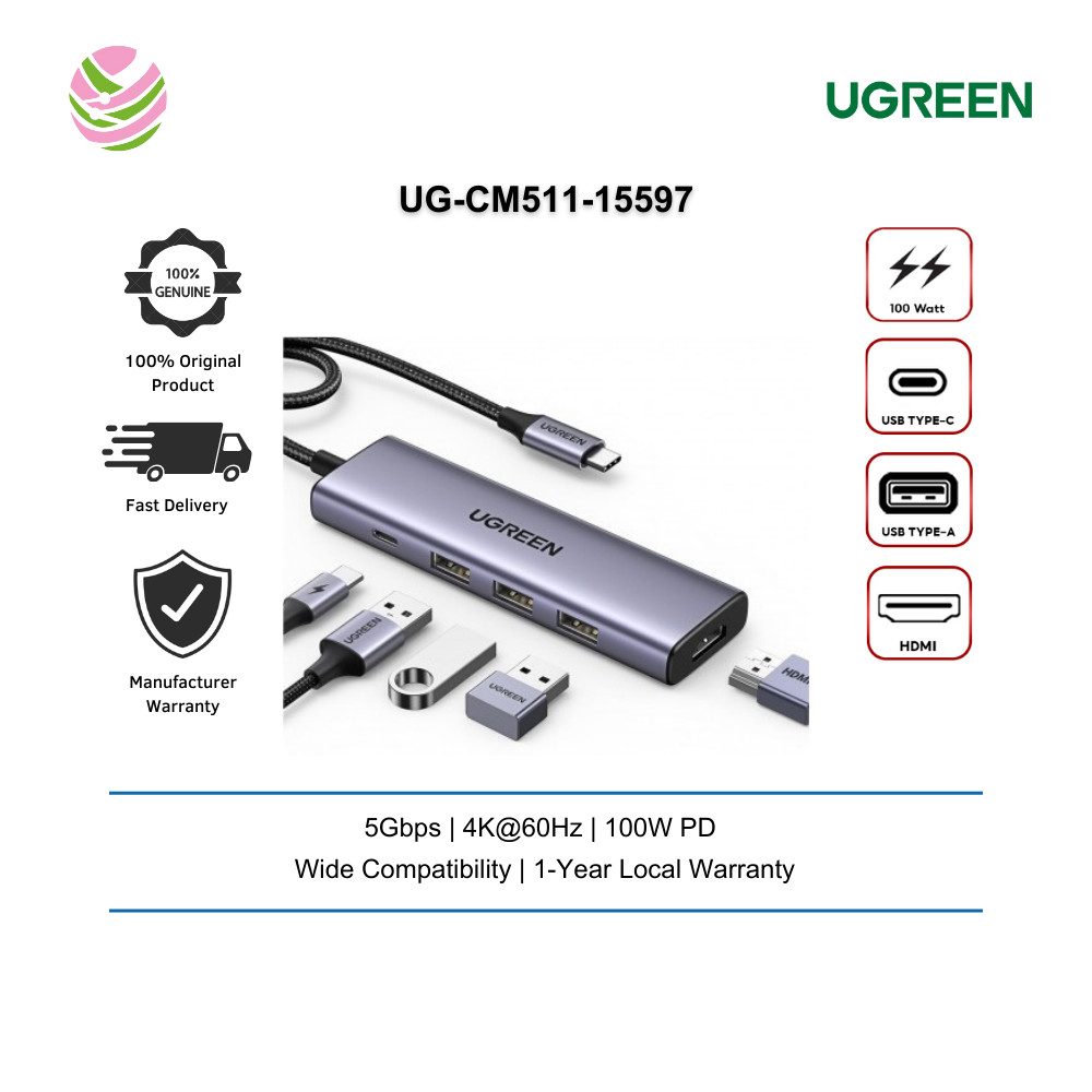 UGREEN อะแดปเตอร์ USB HUB USB-C 3.2 เป็น HDMI 4K@60HZ+3*USB-A+PD100W (UG-CM511-1557)