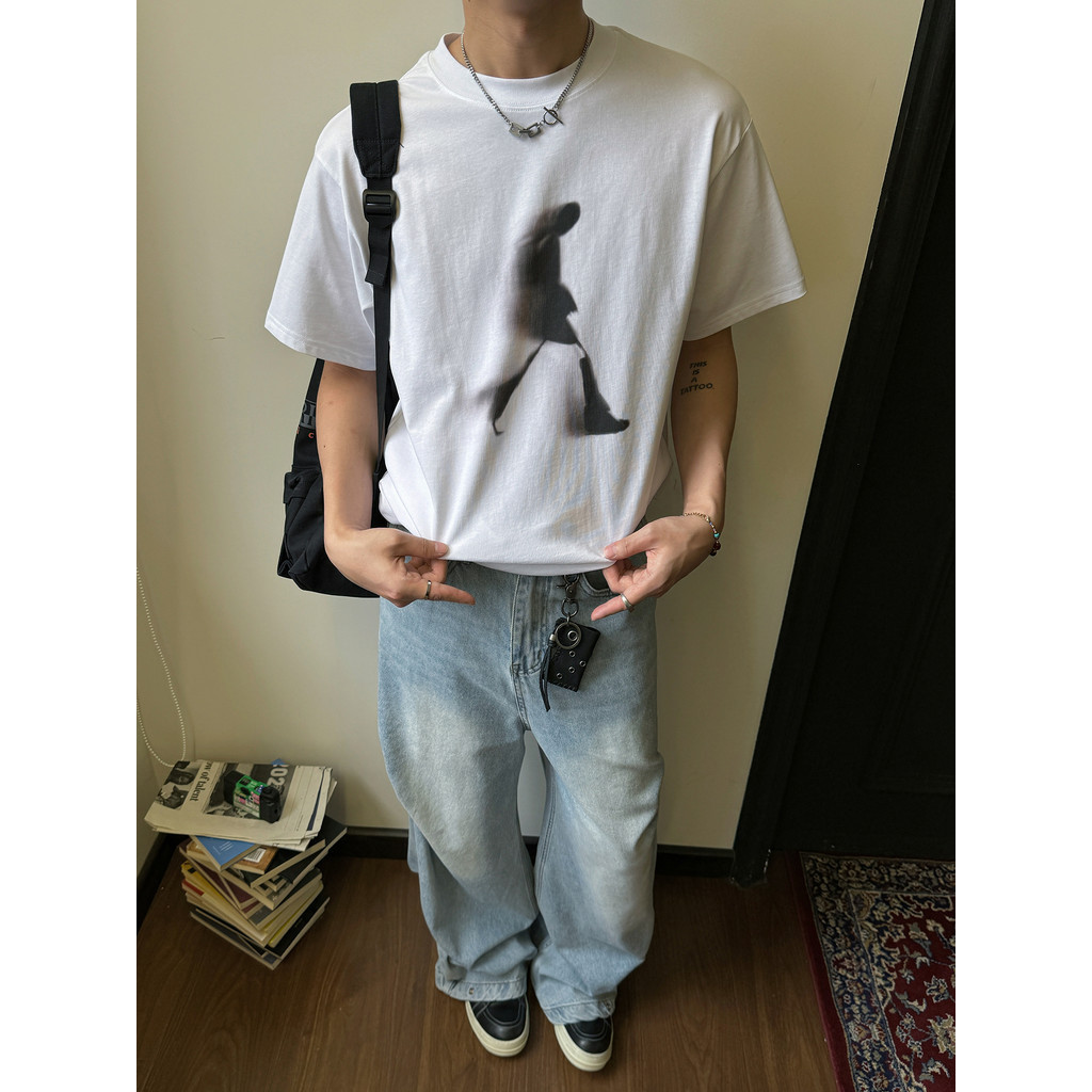 Beeyanbuy เสื้อยืด Unisex, เสื้อยืดแขนสั้นทรงหลวมพิมพ์ลายเงามนุษย์แฟชั่น #I246