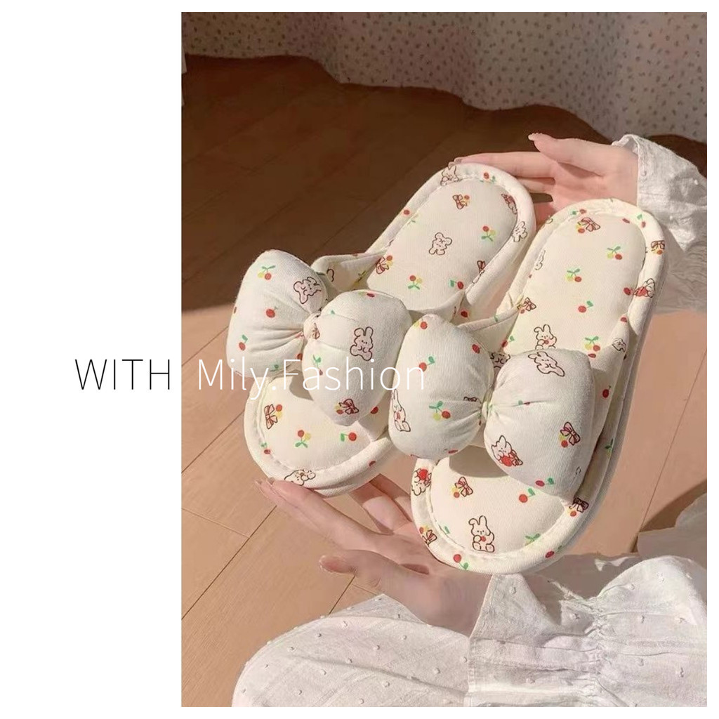 มิลี่แฟชั่น สาวน่ารักโบว์ผ้าลินินผ้าฝ้ายผ้าลินินสี่ฤดูกาลสากลบ้านในร่มใบ้กันลื่นรองเท้าแตะพื้นนุ่ม