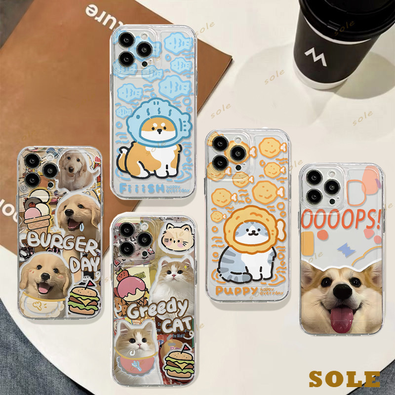 🍿Sole🍿การ์ตูนน่ารัก ลูกแมว ลูกสุนัข เคสนิ่มใสสำหรับ iPhone15Pro Max 12 14 13 11 8 7 14 6 Plus X XS Max SE 2020