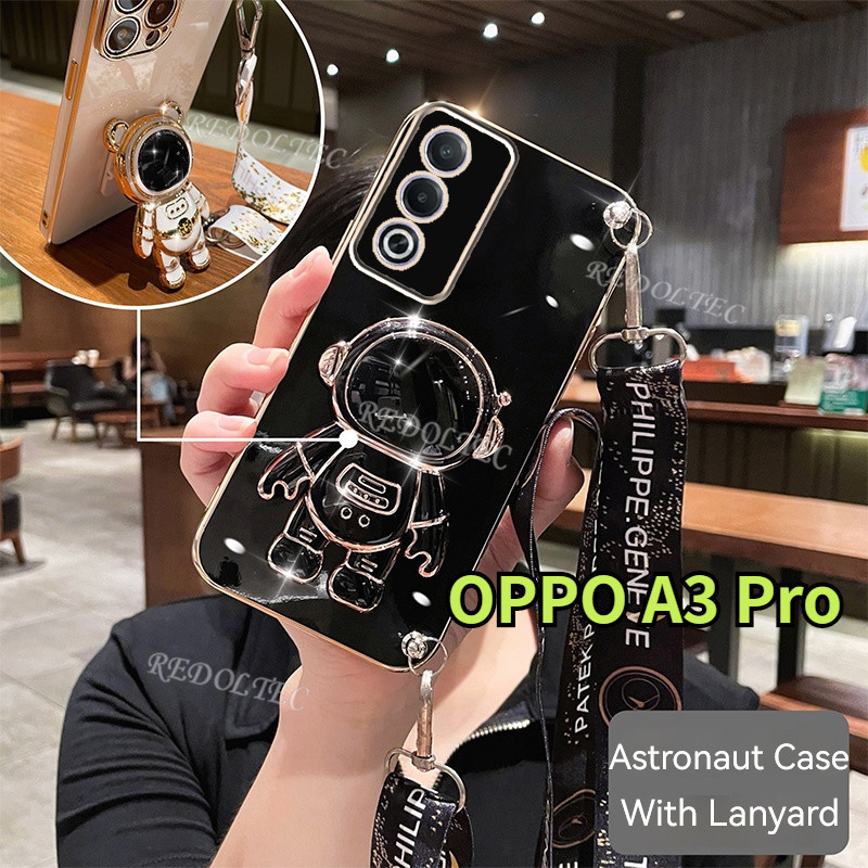 กรณี OPPO A3 Pro 5G 2024 ใหม่แฟชั่นน่ารัก 6D Electroplated เคสโทรศัพท์ OPPO A3Pro 3 Pro OPPOA3Pro นักบินอวกาศขาตั้งผู้ถือยาว Crossbody Lanyard สําหรับหญิง