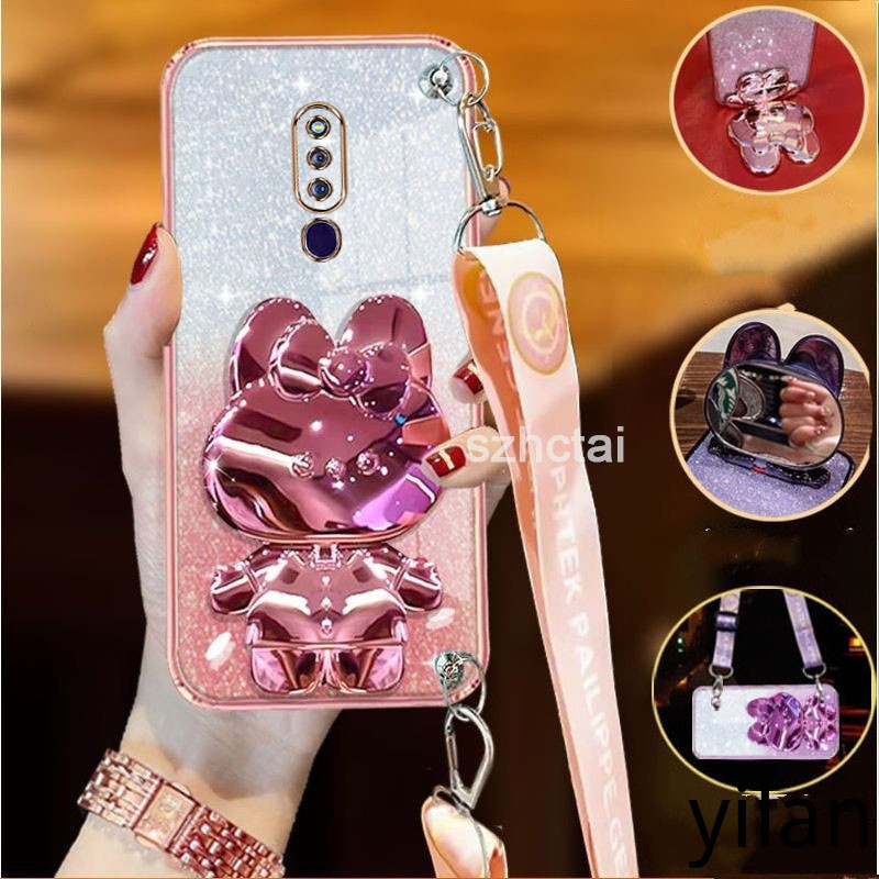 เคส OPPO F11 Pro F11 สายยาวสายคล้องข้อมือสไตล์กับกระต่ายเครื่องสําอางกระจกยึดยึดเคสโทรศัพท์ ทีพียู นิ่ม เคสโทรศัพท์ OPPO F11 Pro F11