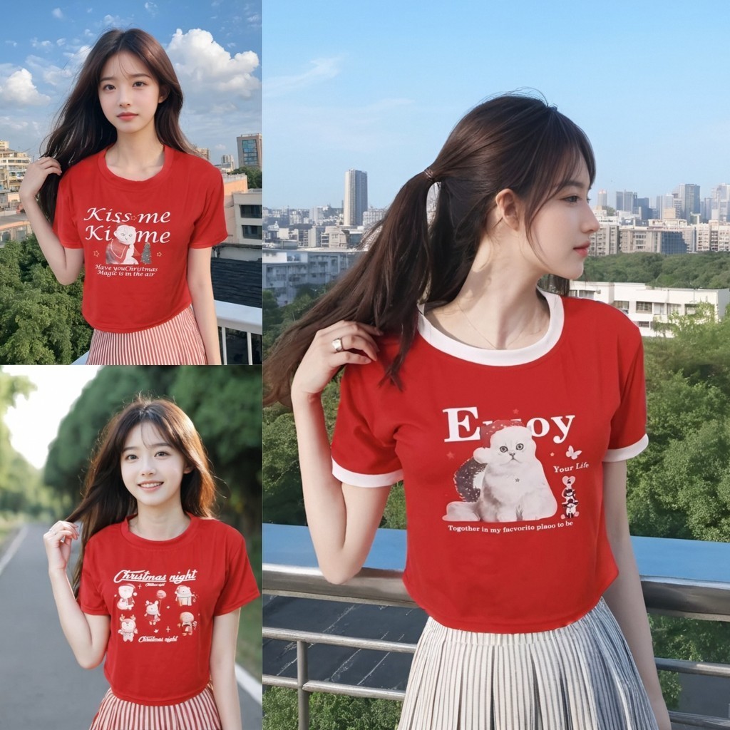 เสื้อครอปแขนสั้นสีแดงพิมพ์ลายสวยๆ สไตล์น่ารัก คอกลมและขอบสีทูโทน ดีไซน์เด่นและแฟชั่นสุดๆ