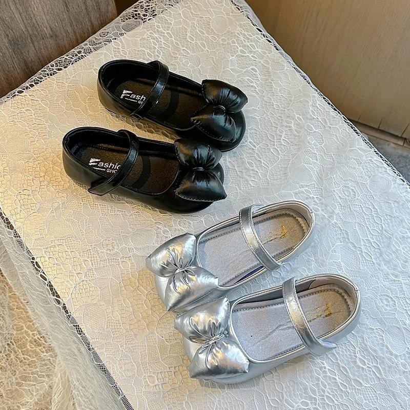 2024 ฤดูใบไม้ร่วงใหม่เด็กรองเท้าหนังสําหรับสาวแฟชั่นสไตล์เกาหลีนุ่ม Anti-slippery Chic Princess Bowtie รองเท้าส้นเตี้ยอเนกประสงค์