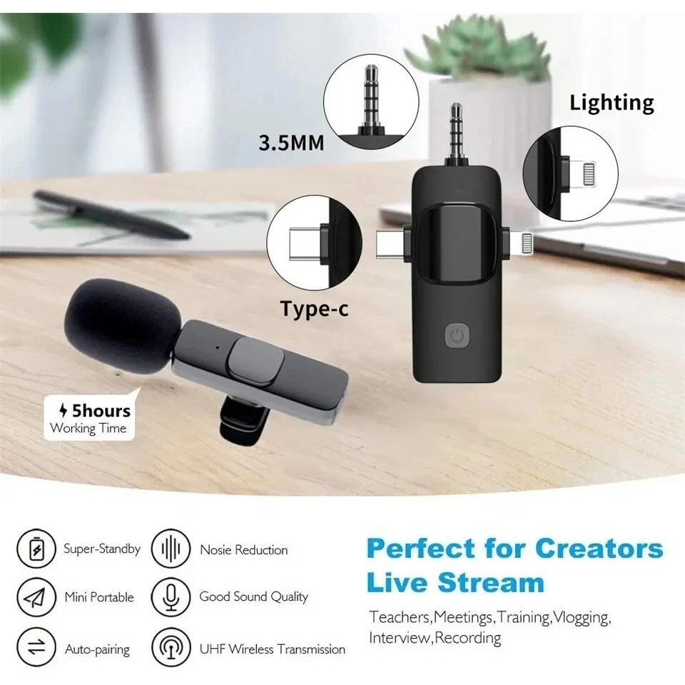 3 In 1 ไมโครโฟนไร้สายแบบหนีบเสื้อสําหรับ iPhone Android 3.5 มม.สําหรับวิทยุการบันทึกสดลดเสียงรบกวน Mini Mic รองรับอย่างกว้างๆ