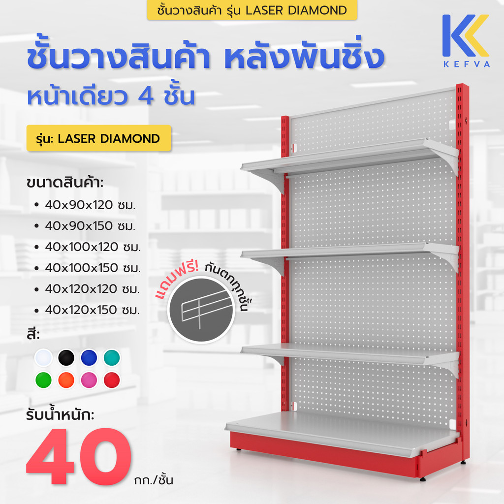 Kefva ชั้นวางสินค้ามินิมาร์ท 4 ชั้น หลังพันชิ่ง หน้าเดียว สูง 120-150 cm รุ่น Laser Diamond รับน้ำหน
