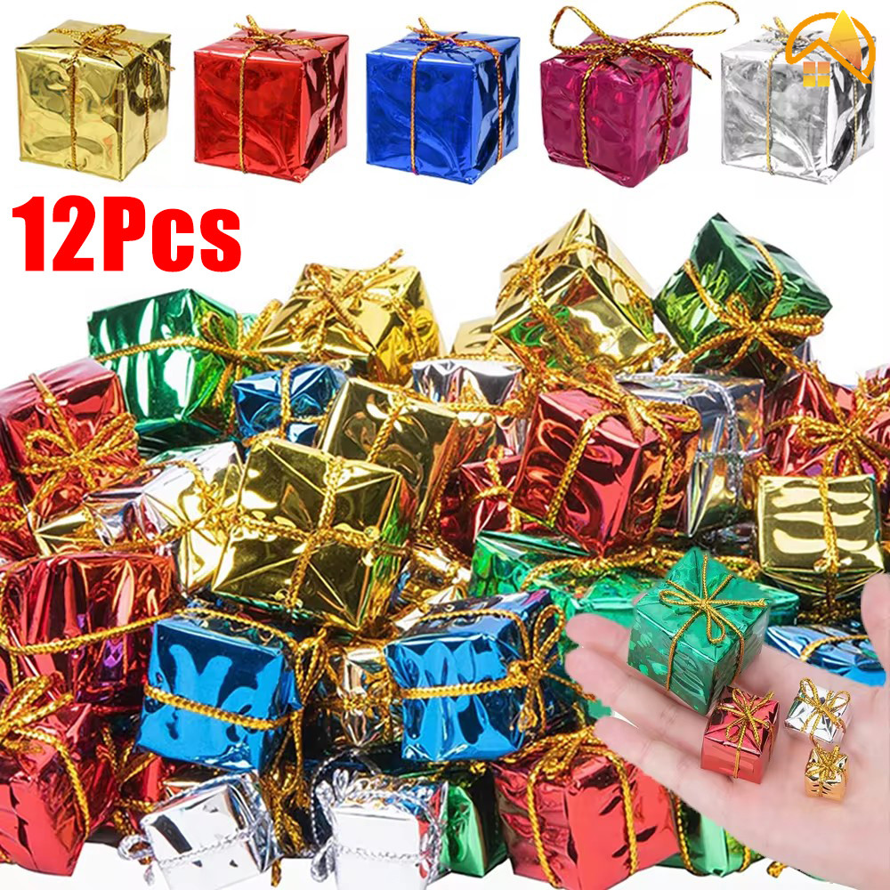 12 ชิ้นต้นคริสต์มาส DIY แขวน Props มินิของขวัญกล่องเครื่องประดับ-ที่มีสีสันจี้สแควร์ Xmas Party ตกแต่งสําหรับ ปีใหม่