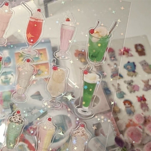 สุ่ม 5 ชิ้น Y2K PET โปร่งใสแฟลชฟิล์มสติกเกอร์โซดาน้ํา four-leaf Clover Toploder Deco สติกเกอร์