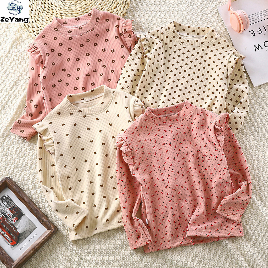 [ZY] 90-160 ขนาดพร้อมสต็อกเด็กเสื้อยืดแขนยาวลําลอง Flying Sleeve Bottoming เสื้อฤดูใบไม้ร่วงฤดูหนาวเด็กดอกไม้ยาว T All-Match Top แฟชั่นยาว T ชุดชั้นในเสื้อกันหนาวเวอร์ชั่นเกาหลีเด็ก