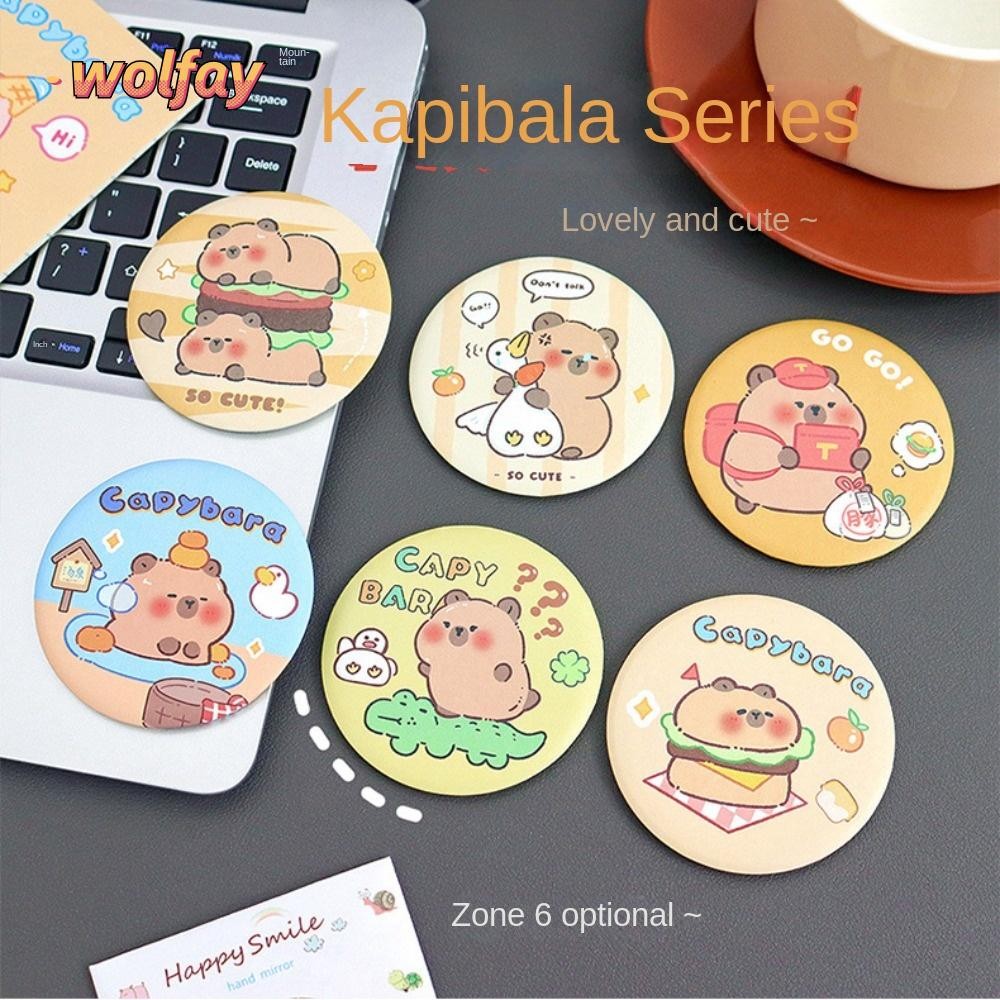 กระจกเครื่องสําอาง WOLFAY Capybara วัสดุแผ่นดีบุก Circular กระจกวงกลมขนาดเล็กการพิมพ์รูปแบบน่ารักกระจกทางเดียวแบบพกพา