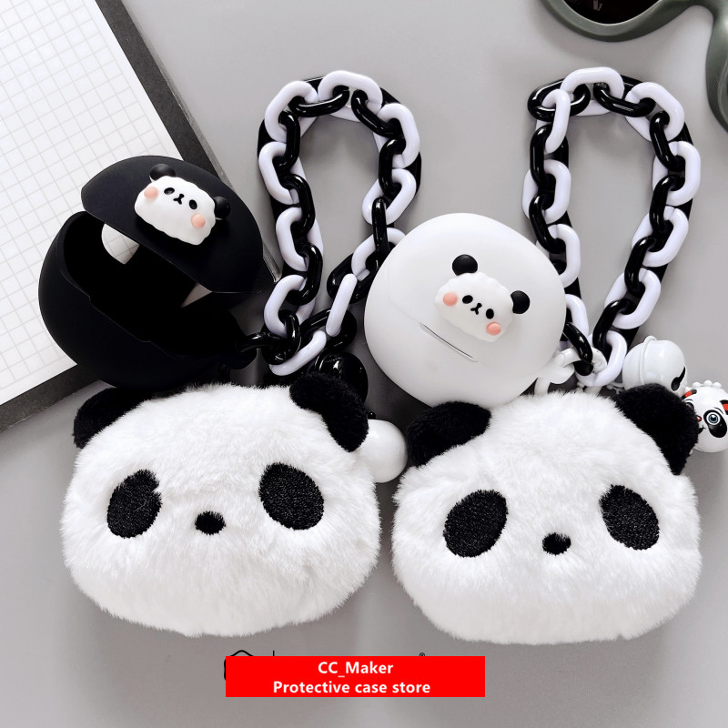 For QCY MeloBuds Pro Case Cartoon Plush Panda Bracelet Keychain QCY MeloBuds Pro Silicone Soft Case 