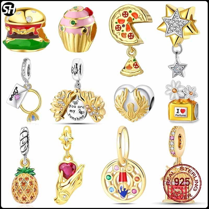 Golden Series S925 แหวนเงินแท้หัวใจต้นไม้แห่งชีวิตดอกทานตะวันนกฮูกจี้ Charm Fit charms สร้อยข้อมือลูกปัดทําด้วยมือ DIY ของขวัญ