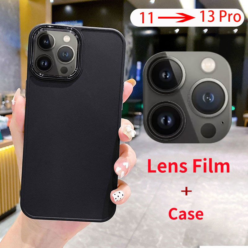 เลนส์ป้องกันหน้าจอ + เคสโทรศัพท์ขอบตรงสําหรับ ไอโฟน 11 เปลี่ยนเป็น 13 มือโปร 14 มือโปร อัปเดตกลับฟิล์มดัดแปลงปกฟิล์มโทรศัพท์สติก