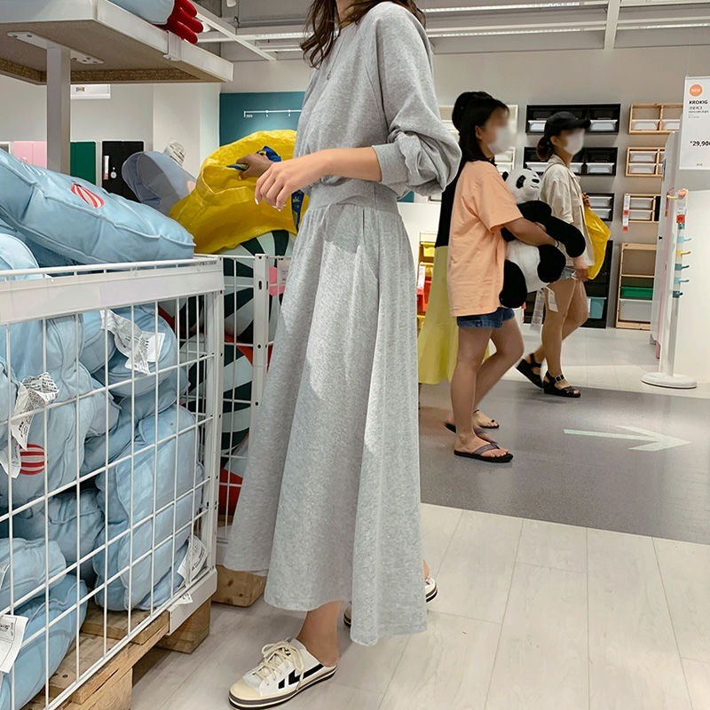 สไตล์เกาหลีใหม่คอกลมฤดูใบไม้ผลิและฤดูใบไม้ร่วงอารมณ์เสื้อสเวตเตอร์กระโปรงผู้หญิงเอวสูงเก็บเอวใส่แล้วดูผอมคลุมเข่ากระโปรงยาวปานกลางสำหรับนักเรียน