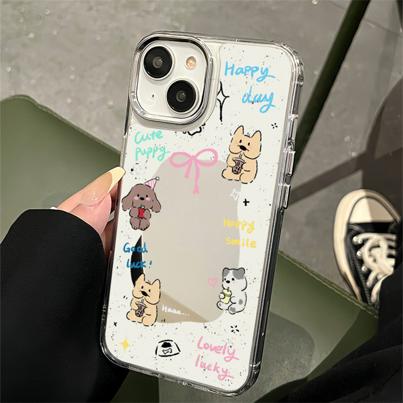 Ins นมชาลูกสุนัขน่ารักแต่งหน้ากระจกนุ่มกรณี Anti-Fall เคสโทรศัพท์สําหรับ iPhone 16 Promax 15 Promax 12 13 Mini 14plus 11 Pro Max X XS XR XS Max 7 8 plus Se2020