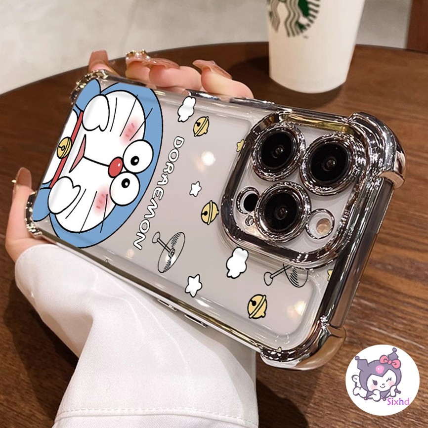 เข้ากันได้กับ IPhone 16 11 XR 15 14 13 12 Pro Max 7 8 Plus SE 2020 X Xs Max หรูหราสี่มุมถุงลมนิรภัยเลนส์ฟิล์มป้องกันกรณีการ์ตูนขี้อายโดราเอมอนขั้นสูงปกหลังพลาสติก