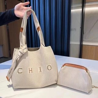 【พร้อมส่ง】miss bag fashion กระเป๋าช๊อปปิ้งไฮโซทอลายริ้ว ทรงสวย แพ็ค 2 ชิ้น
